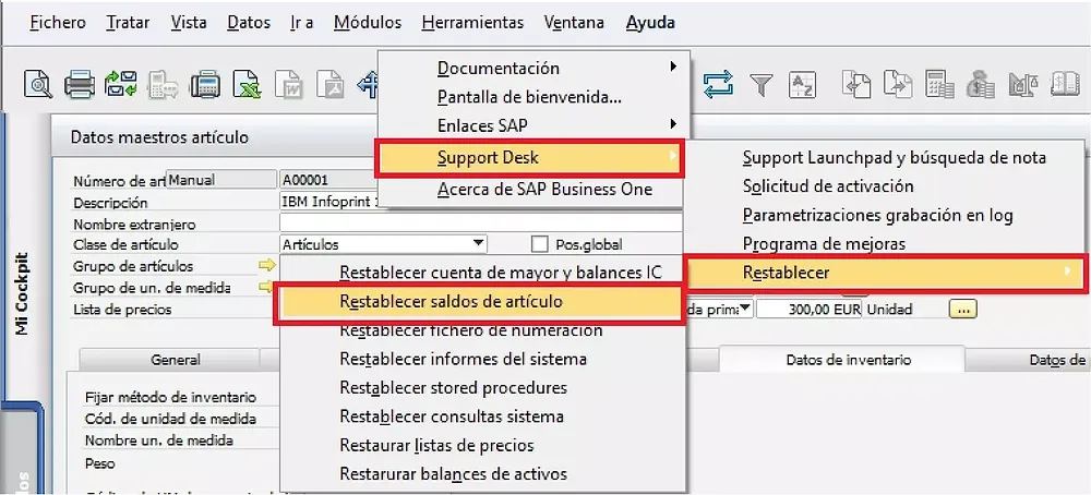 Restablecer saldos de artículo